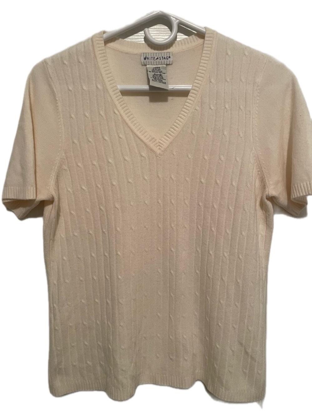 White Stag Cream V-Neck Short Sleeve Cable Knit Top